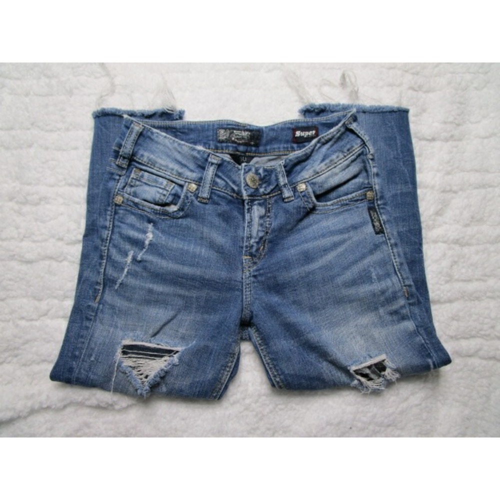 Silver Jeans Company Womens Suki Mid Skinny 26x31 Medium Wash Distressed Raw Hem